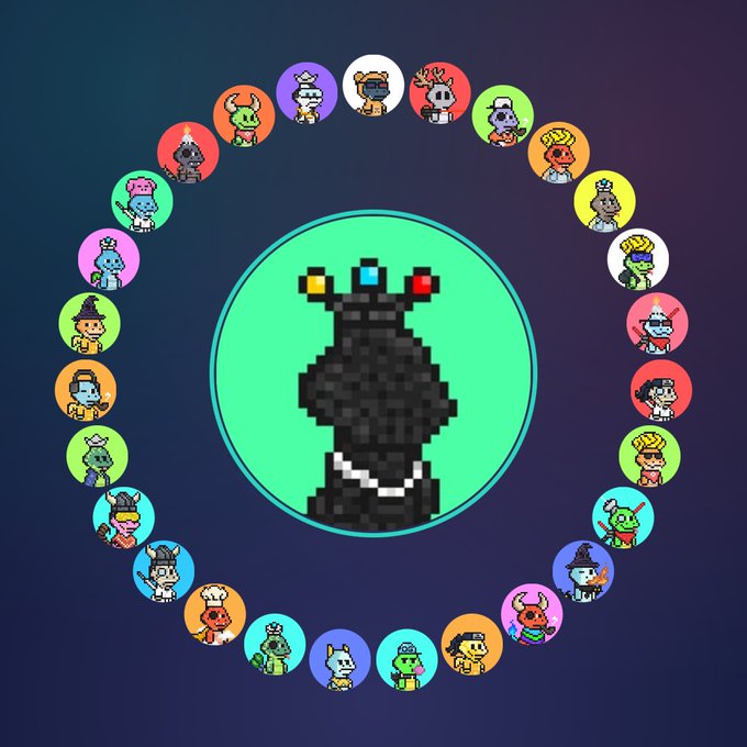 Digital art featuring a black pixelated character wearing colorful goggles in a teal circle, surrounded by a ring of small cartoon NFT character avatars.