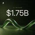A sleek green graphic displays "$1.75B" in large bold text, with faint "ALL-TIME VOLUME" lettering above it, visually representing Pons surpassing $1.75 billion in lifetime trading volume. The flowing green wave design in the background reinforces the celebratory milestone.