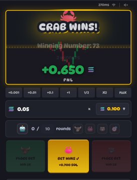 The image shows a "Crab Wins!" result screen from rugs.fun displaying a winning number of 23 with a payout of +0.650 SOL on a 0.05 SOL bet. It relates to the post by documenting the gamble result that turned a 0.05 SOL wager into 0.7 SOL.
