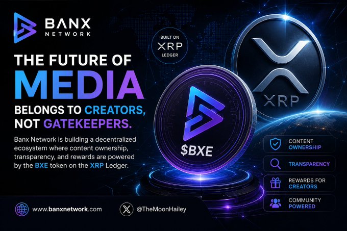 The image features a poster for Banx Network's future of media, which includes two coins - one purple and one silver - as well as some text about creators and gatekeepers. The poster also mentions that the BXE token is on the XRP Ledger, suggesting an association with cryptocurrency.