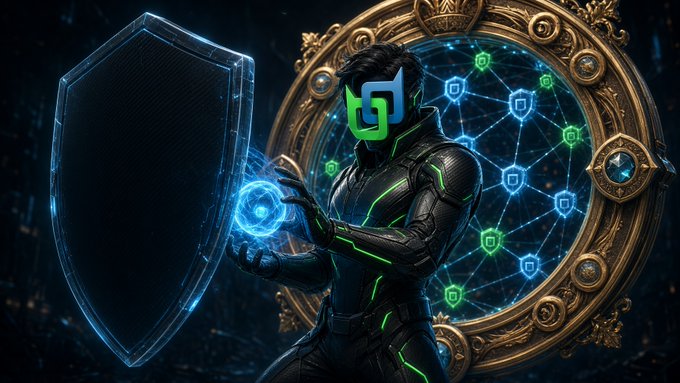 An AI-generated image showing a futuristic armored figure with a glowing green 'G' emblem on its helmet, holding a blue orb while standing before an ornate golden shield and circular portal filled with blue and green network nodes.