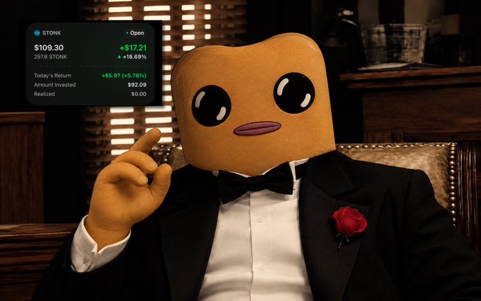 A figure wearing a tan, rectangular mask with a duck face design and a black tuxedo with a red rose boutonniere points a finger up next to a stock ticker displaying "STONK" at $109.30 (+$17.21 / +18.69%).