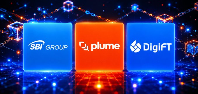 A digital graphic displaying three blockchain/crypto company logos — SBI GROUP, plume, and DigiFT — against a futuristic glowing blue and orange chain background.