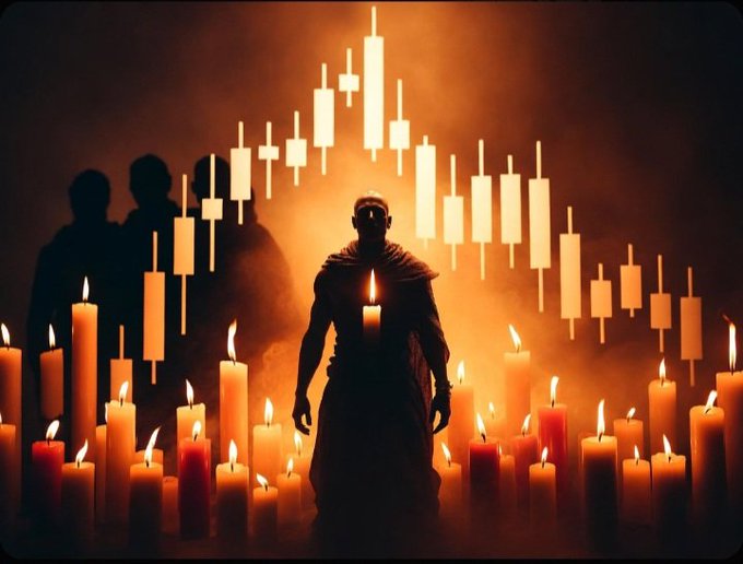 This image features a man standing in front of a large display of lit candles, creating an ominous atmosphere with shadows and silhouettes of people visible behind him. The candles are arranged in rows, forming a visually striking scene that resembles a graph or chart, adding to the overall dark theme. In the background, there is a blurred figure that could be another person present in the area, although it is difficult to make out their details.