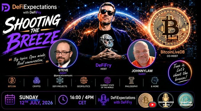 A promotional graphic for 'DeFiExpectations with DeFiFry' podcast episode 'Shooting the Breeze', featuring hosts Steve (@pascostemusic), DeFiFry, and Johnny Law (BitcoinLiveDB), scheduled for Sunday, July 12th, 2026.
