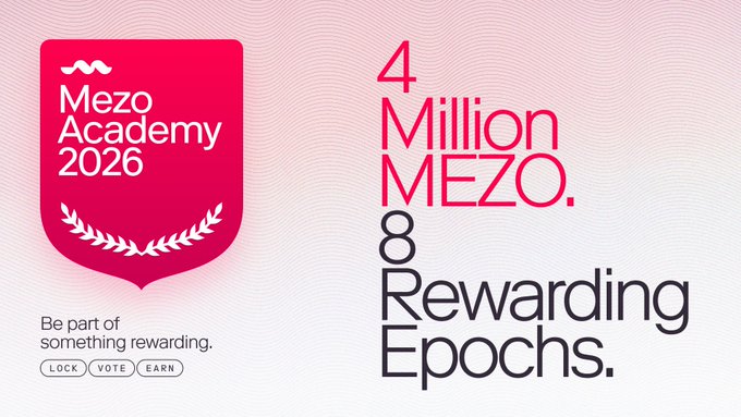 The image is a promotional banner for "Mezo Academy 2026" featuring a red shield logo with laurel wreath design, alongside bold text highlighting "4 Million MEZO" rewards across "8 Rewarding Epochs" and the tagline "Be part of something rewarding" with "LOCK, VOTE, EARN" call-to-action buttons. The banner visually reinforces the post's message about the ongoing Mezo Academy program, emphasizing the 4 million MEZO reward pool and encouraging users to lock, vote, and earn through the platform.