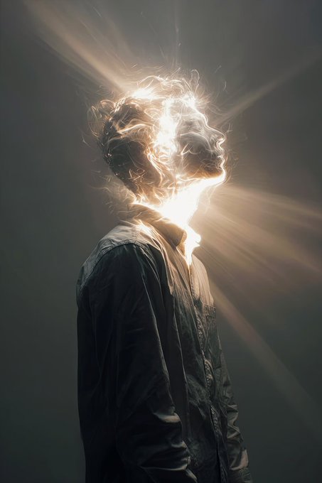 A dramatic artistic portrait of a person with glowing light emanating from their head and open mouth, with rays of light radiating outward in a dark setting.