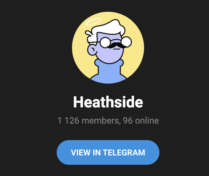 A Telegram channel preview screen titled "Heathside" showing 1,126 members with 96 online, featuring a circular logo of a cartoon character with a halo, mustache, and glasses.