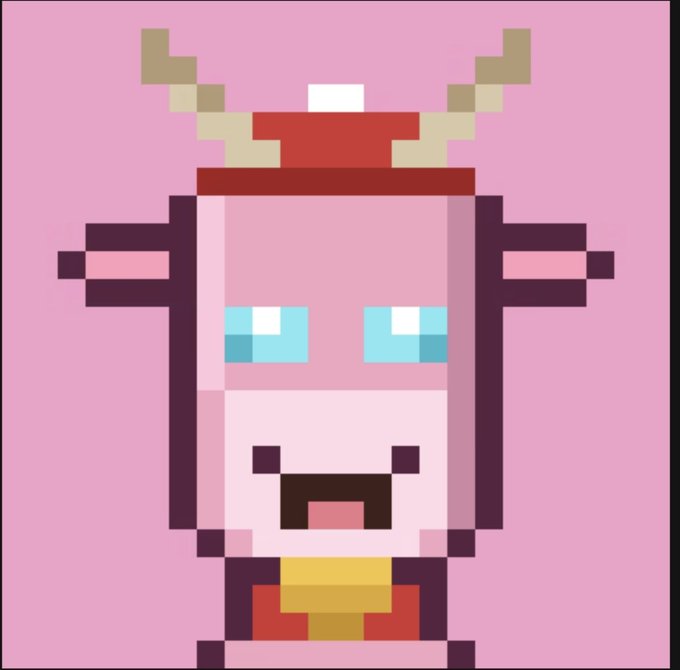 A pixel art character depicting a pink-skinned figure with antlers, blue eyes, and red and yellow attire.