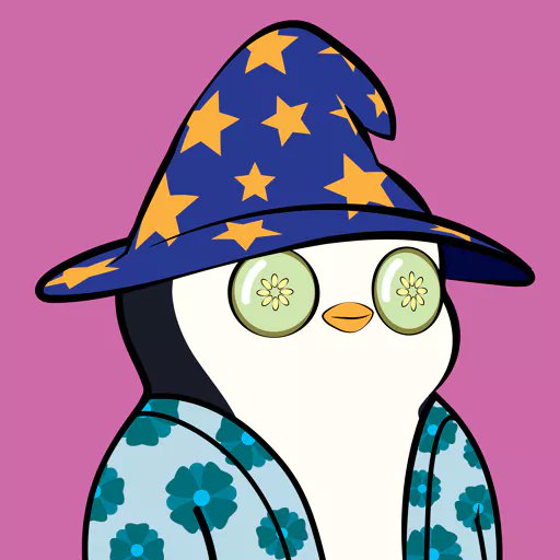 A digital illustration of a cute penguin character wearing a blue wizard hat decorated with orange stars and a blue shirt with floral patterns, set against a pink background.