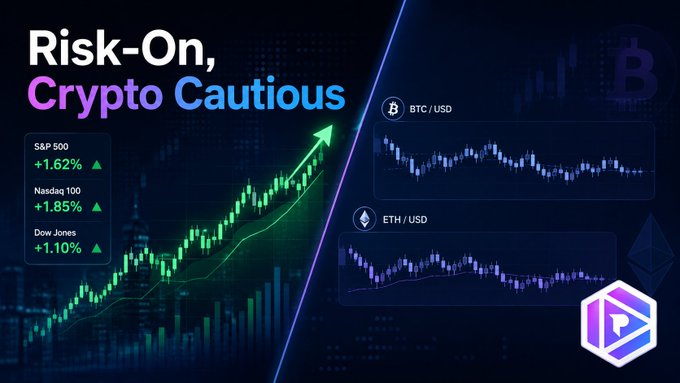 A financial graphic titled 'Risk-On, Crypto Cautious' shows rising stock indices (S&P 500 +1.62%, Nasdaq 100 +1.85%, Dow Jones +1.10%) alongside relatively flat candlestick charts for BTC/USD and ETH/USD.