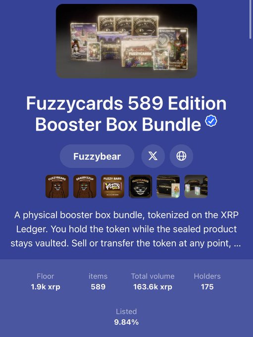 A screenshot of an XRP Ledger token listing for 'Fuzzycards 589 Edition Booster Box Bundle' showing a floor price of 1.9k xrp and 175 holders.