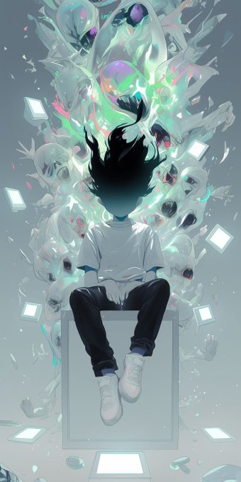 An anime-style figure sits on a floating cube, gazing up at a swirling mass of distorted faces and iridescent bubbles. The ethereal, surreal imagery pairs well with the peaceful "gm frens happy sunday" greeting, evoking a dreamy Sunday morning vibe.
