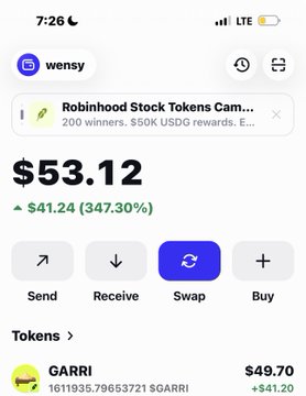 A Robinhood wallet app screenshot showing a balance of $53.12 and a $GARRI token valued at $49.70.