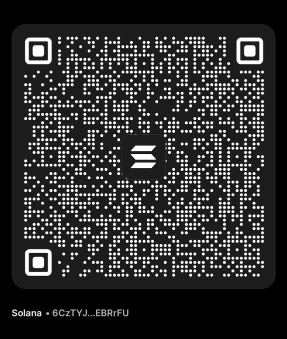 A Solana wallet QR code with the address beginning 6CzTYJ...EBRrFU and a central logo.