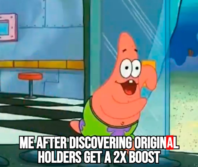 The image features a cartoon character, Spongebob Squarepants, standing next to a window with his arms wide open. The caption below the image reads "let me break down why minting ORIGINALs right now just makes sense @Appreciators_IO built this campaign on minters post. earn points for being a part of it".