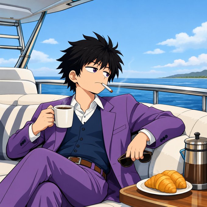 An anime-style illustration depicts a young man with messy black hair wearing a purple suit, smoking a cigarette and drinking coffee on a yacht with croissants on a side table.