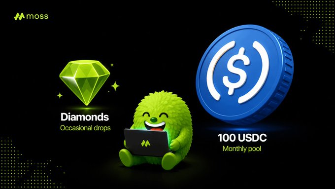 A green Moss mascot sits with a laptop between a glowing green diamond labeled "Diamonds - Occasional drops" and a blue USDC coin marked "100 USDC - Monthly pool," visually representing the Moss community's value-based rewards of diamonds and USDC for quality contributions rather than posting volume.