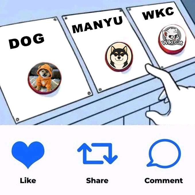 The image shows a hand pointing at three different dog-themed stickers, each with a different name or description. One sticker reads "DOG", another says "MANNYU", and the third one has a picture of a dog on it. Below these stickers is a blue heart icon that says "LIKES".