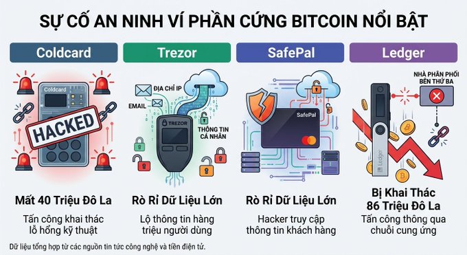 An infographic titled 'SỰ CỐ AN NINH VÍ PHẦN CỨNG BITCOIN NỔI BẬT' detailing major Bitcoin hardware wallet security incidents, including a $40M loss for Coldcard, major data breaches for Trezor and SafePal, and an $86M supply chain exploit for Ledger.