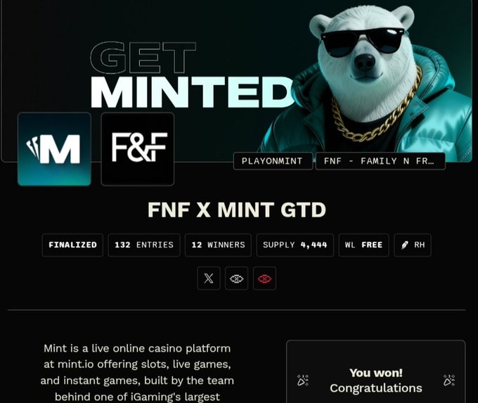 A webpage titled "GET MINTED" featuring "FNF X MINT GTD" with 132 entries, 12 winners, supply 4,444, WL FREE, RH, and a "You won! Congratulations" message.