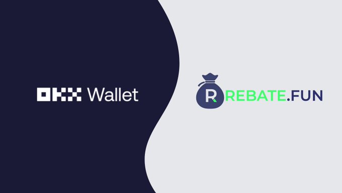 A promotional graphic announcing an official collaboration between OKX Wallet and Rebate.fun, featuring the OKX Wallet logo on a navy background alongside the Rebate.fun logo—styled as a money bag with a crown and the letter "R"—on a light gray background.
