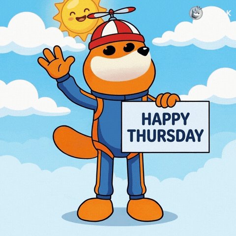 The image features a cartoon character, possibly an orange squirrel or bird-like creature, standing upright with its arms raised high above its head. The character has a sign attached to its back that says "Happy Thursday" written in blue letters. The background of the image is filled with clouds and the sun, creating a whimsical atmosphere. The post also includes a reference to the character's name as "Gm MoonPay".