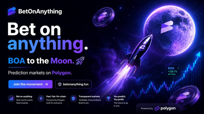 A vibrant promotional graphic for **BetOnAnything** features a rocket soaring toward a glowing moon emblazoned with the BOA logo, alongside the bold text "Bet on anything. BOA to the Moon" and a chart showing BOA up +125.7% all-time, highlighting its prediction markets platform on Polygon at betonanything.fun.