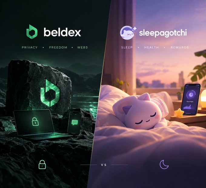 A split-screen promotional image contrasting 'beldex' (Privacy, Freedom, Web3) on the left with 'sleepagotchi' (Sleep, Health, Rewards) on the right.