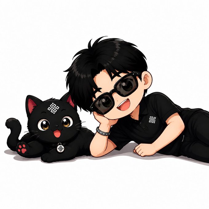 An anime-style illustration shows a smiling young man with messy black hair and sunglasses lying next to a cute black kitten; both wear matching small square QR-style symbols.