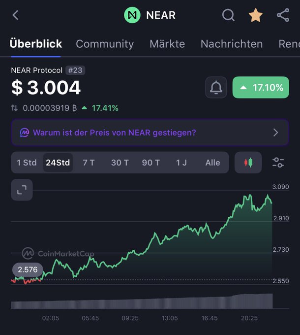 A screenshot of the CoinMarketCap app showing the NEAR Protocol (#23) overview page in German, displaying a current price of $3.004 with a 24-hour increase of 17.10%, alongside a 24-hour price chart trending upward from around $2.576 to $3.090; the post references "3L30G" (likely the 3x Long NEAR token ticker) on Binance, which relates to the image as the chart shows NEAR's significant 24-hour price surge that would impact leveraged long NEAR tokens.