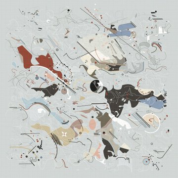 An abstract artwork composed of swirling lines, geometric shapes, and muted earth-tone colors on a light beige background.
