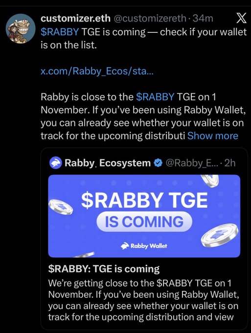 A post from “customer.eth” says “$RABBY TGE is coming — check if your wallet is on the list,” quoting Rabby Ecosystem’s announcement that the $RABBY token generation event is close on 1 November.