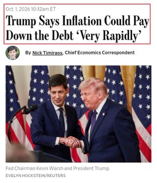 A news headline from October 1, 2026, by Nick Timiraos titled "Trump Says Inflation Could Pay Down the Debt 'Very Rapidly'" features a photo of Fed Chair Kevin Warsh shaking hands with President Trump in front of American flags. The image visually anchors the post's claim about Trump's controversial suggestion that inflation could help reduce America's $40 trillion debt, illustrating the key figures and the policy tension at the center of the argument.