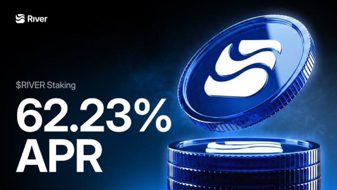 The image features an advertisement for a cryptocurrency platform with a blue coin labeled as "Sveriges Riiver Staking" at the top. The coin has a white logo, which is the cent symbol of the Sveriges Riiver token on its face. Below this central feature, there are three stacks of identical coins in different colors: red, blue, and yellow. Each stack contains one coin that is slightly tilted to the left compared to the others. The background of the image is a dark blue color, which contrasts with the vibrant colors of the coins, making them stand out even more.