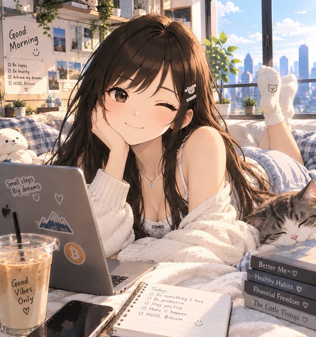 An anime-style illustration shows a smiling dark-haired girl lounging in bed with a laptop, a sleeping cat, an iced coffee labeled 'Good Vibes Only', and sticky notes with positive affirmations like 'Today: Do something I love, Be productive, Stay positive, Make it happen, HODL Bitcoin'.