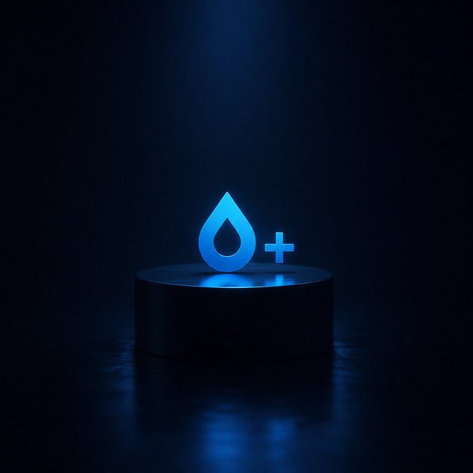 A glowing blue water droplet with a plus sign sits on a circular black pedestal against a dark blue background, representing a Sui cryptocurrency token.