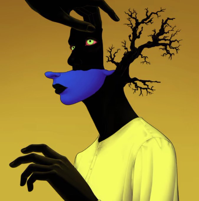 A surreal digital artwork depicts a figure in profile with a blue lower face, green eyes, and a silhouetted upper face against a golden-yellow background, with a barren tree branch emerging from the head.
