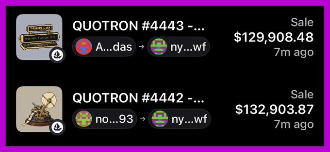 The image displays two recent NFT sale listings from what appears to be a marketplace, showing Quotron #4443 sold to "ny...wf" for $129,908.48 and Quotron #4442 sold to the same address for $132,903.87, both within the last 7 minutes. These high-value transactions, approximately 52-53 ETH each, visually support the accompanying post's claim that Quotron NFTs are commanding prices around $130,000.
