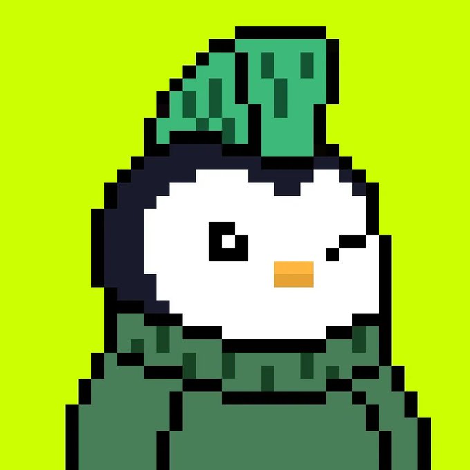 A pixel art style illustration of a white-faced character with a green hat and scarf against a bright lime-green background.