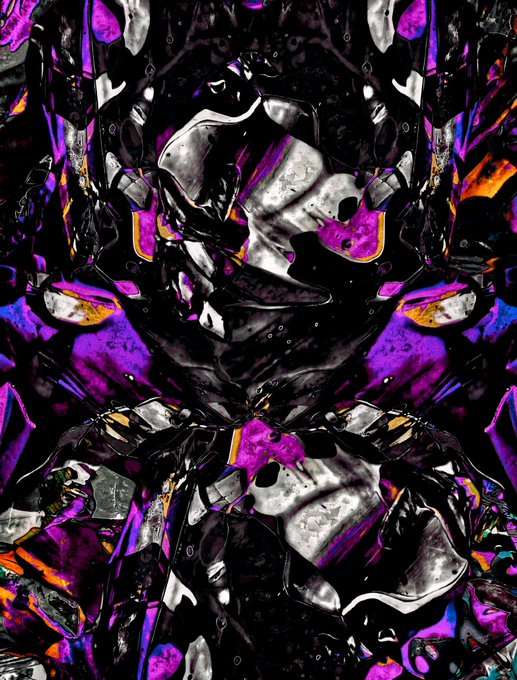An abstract, symmetrical digital artwork featuring distorted metallic and organic shapes in vibrant purple, black, silver, and orange tones.