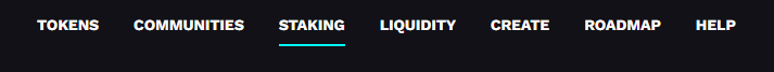 A dark navigation menu bar showing the tabs TOKENS, COMMUNITIES, STAKING (highlighted with a teal underline), LIQUITY, CREATE, ROADMAP, and HELP—suggesting that the "something coming" teased in the post relates to a new staking feature on odin.fun.