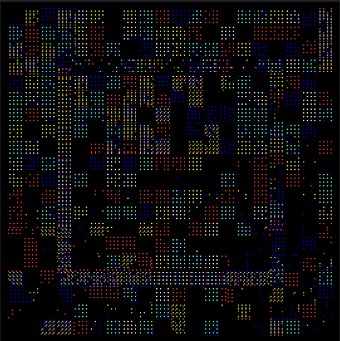 An abstract digital artwork featuring a colorful grid of small dots in various colors (red, blue, green, yellow, white) arranged in rectangular patterns against a black background.