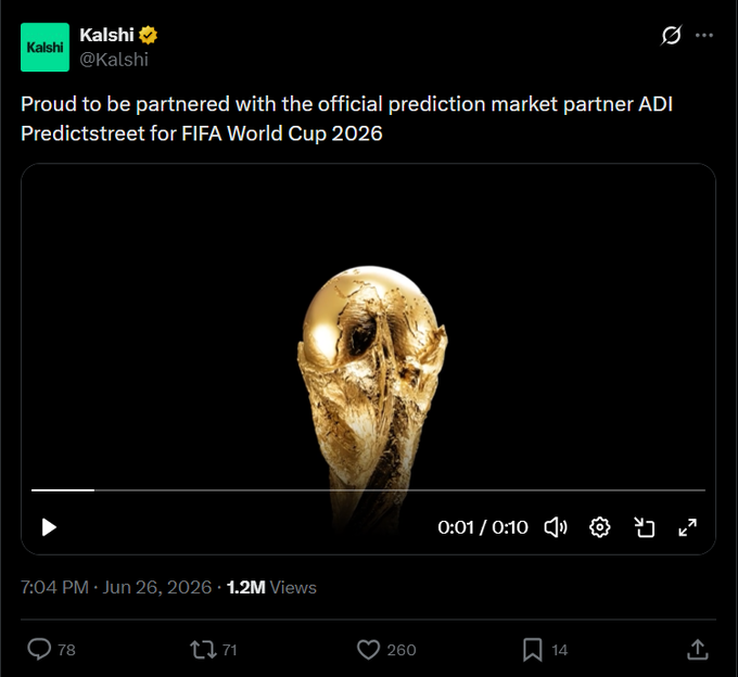 A tweet from Kalshi (@Kalshi) with 1.2M views announces a partnership with "ADI Predictstreet" as the "official prediction market partner" for the FIFA World Cup 2026, featuring a video of the golden FIFA World Cup trophy. The accompanying post accuses Kalshi of posting fake and misleading announcements about being an official FIFA partner to compete with Polymarket, implying the image is part of a fraudulent marketing campaign.