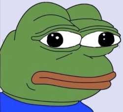 A cartoon illustration of Pepe the Frog with a neutral expression wearing a blue shirt.