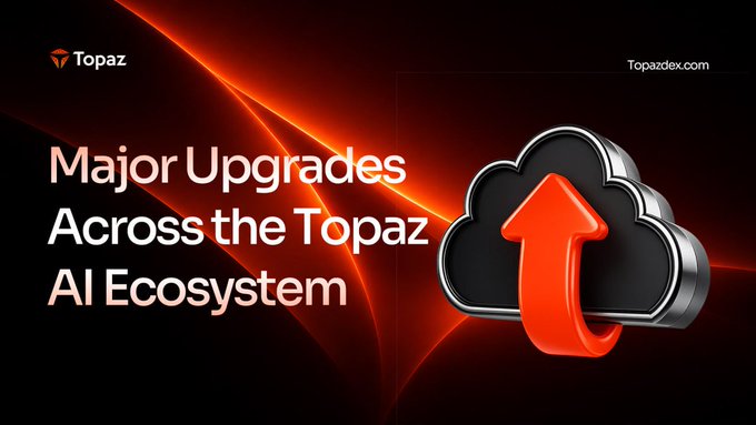 Promotional graphic from Topaz announcing 'Major Upgrades Across the Topaz AI Ecosystem' with Topazdex.com branding and a red cloud upload icon on a dark background with red accents.