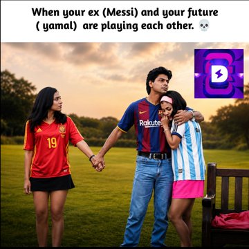 A meme image showing a man in a Barcelona jersey holding hands with a woman in a Spain jersey while hugging a crying woman in an Argentina jersey, with text reading "When your ex (Messi) and your future (yamal) are playing each other." The image appears unrelated to the accompanying post, which announces winners of a Dexsport giveaway contest.