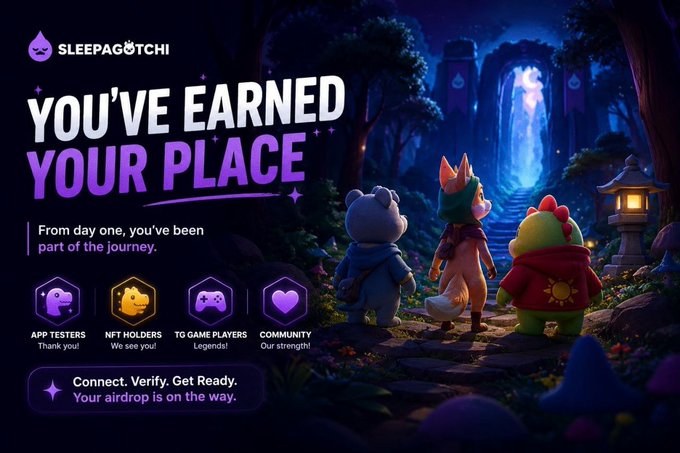 The image features a cartoon character walking through a forest with other characters from a video game. The text in the image reads "You've earned your place" and includes various icons related to gaming, such as a game controller and a character's head. The post also mentions that the player has been tested early or is holding a NFT, which could be related to the game they are playing.