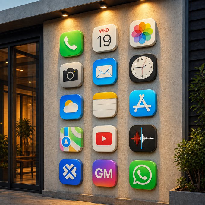 A 3D render of large app icons mounted on an exterior concrete wall outside a modern building, featuring Phone, Calendar, Photos, Camera, Mail, Clock, Weather, Notes, App Store, Maps, YouTube, Voice Memos, and WhatsApp-style icons.