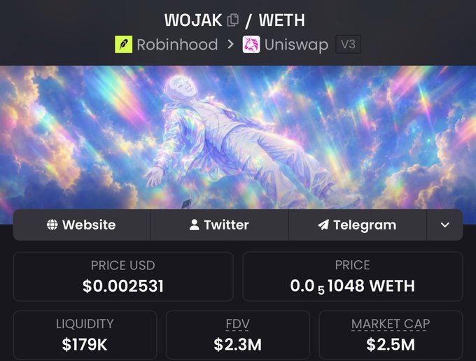A trading interface shows the WOJAK/WETH token pair on Robinhood via Uniswap V3, featuring an iridescent illustration of an astronaut among rainbow clouds. Key metrics displayed include a price of $0.002531 USD (0.000051048 WETH), $179K liquidity, $2.3M FDV, and a $2.5M market cap—visually reinforcing the post's optimistic claim that despite price struggles, $WOJAK on Robinhood is "the chosen one."